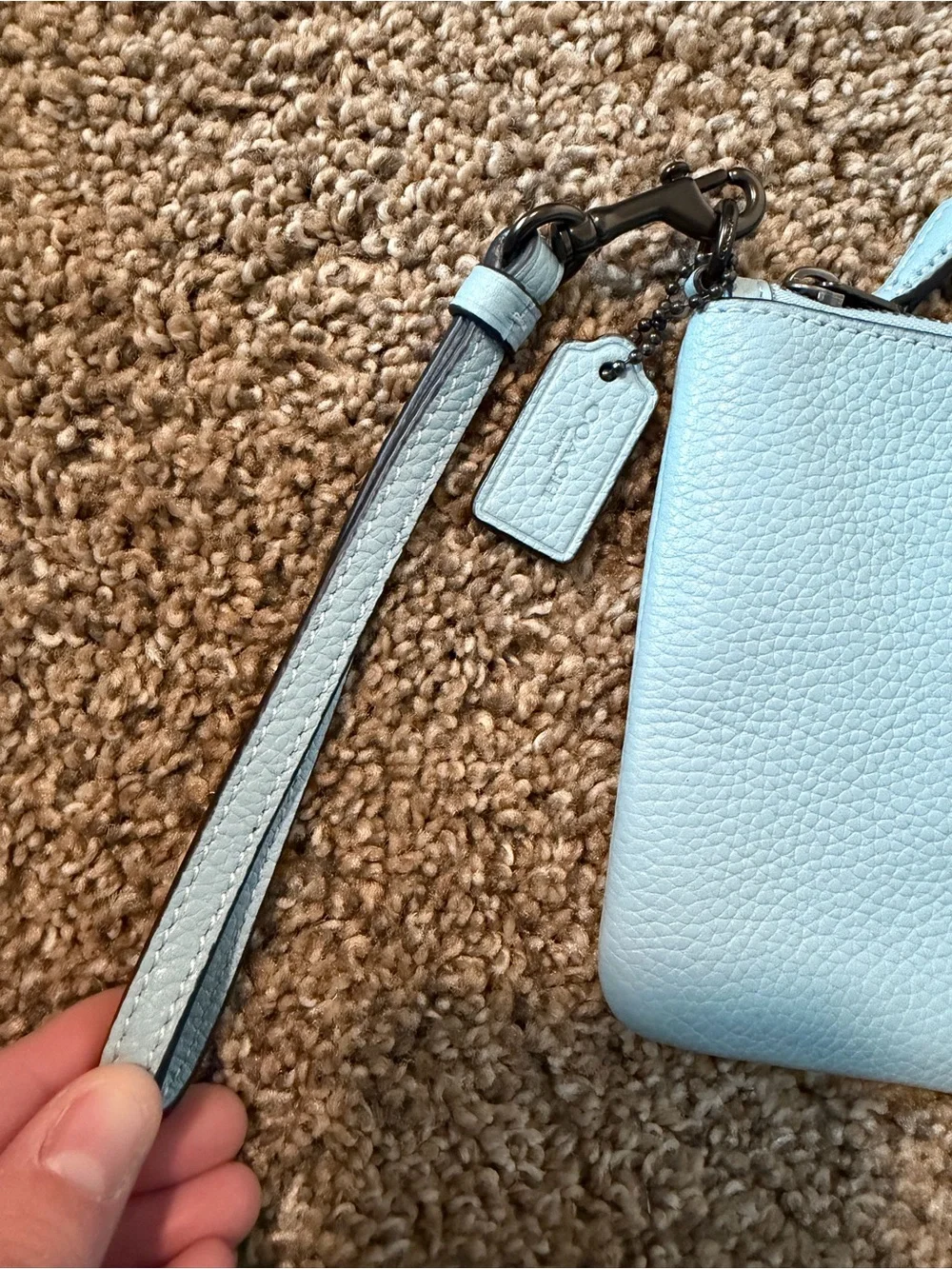 COACH Light Blue Wristlet with Gunmetal Hardware